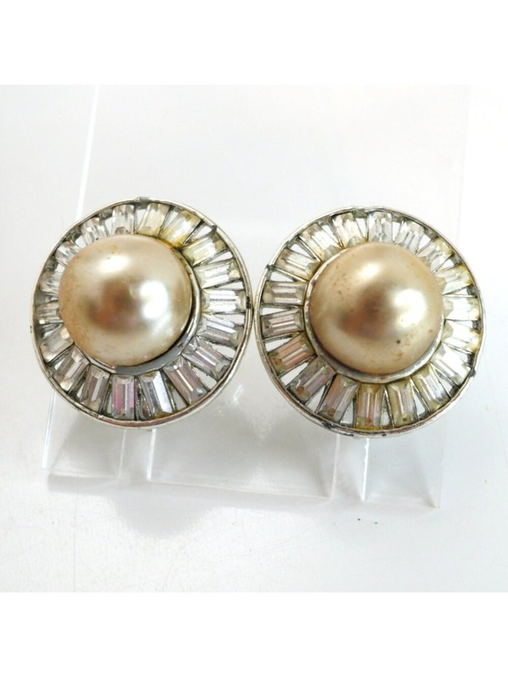 Vintage Faux Pearl Rhinestone Clip On Earrings Round Silver Tone Classic Glam